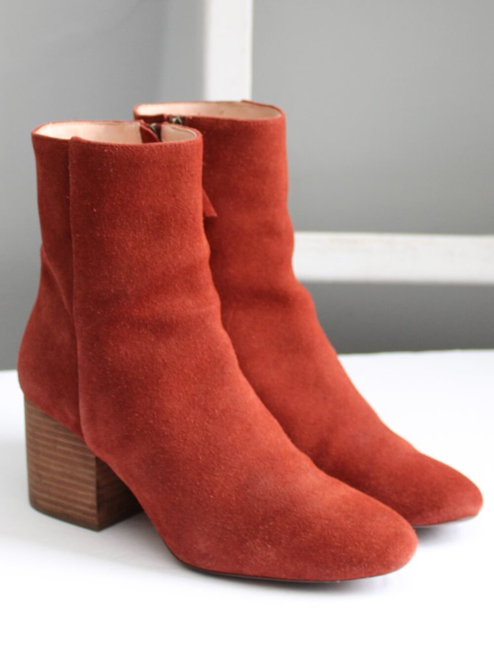 J.Crew Suede Sadie Heeled Ankle Booties Boots in Redwood Red Orange Size 8